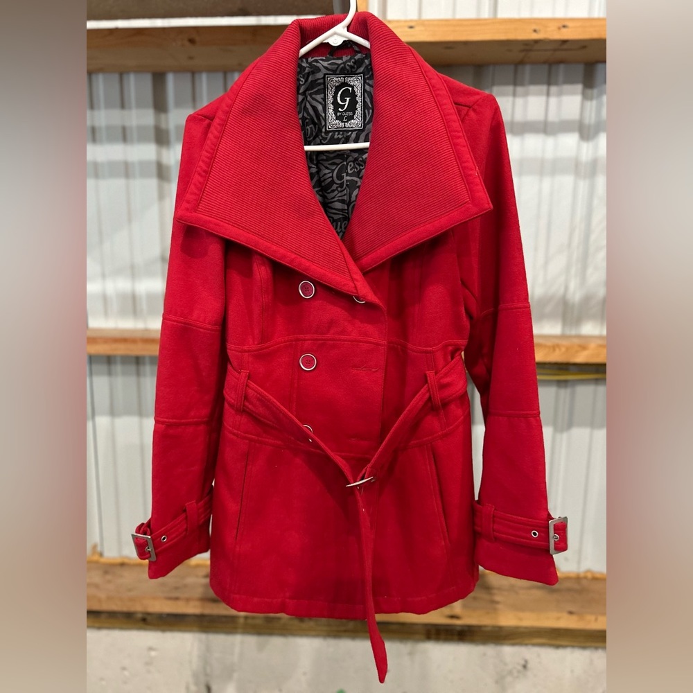 Guess Red Double-Breasted Coat with Belt. Women’s large. Never worn